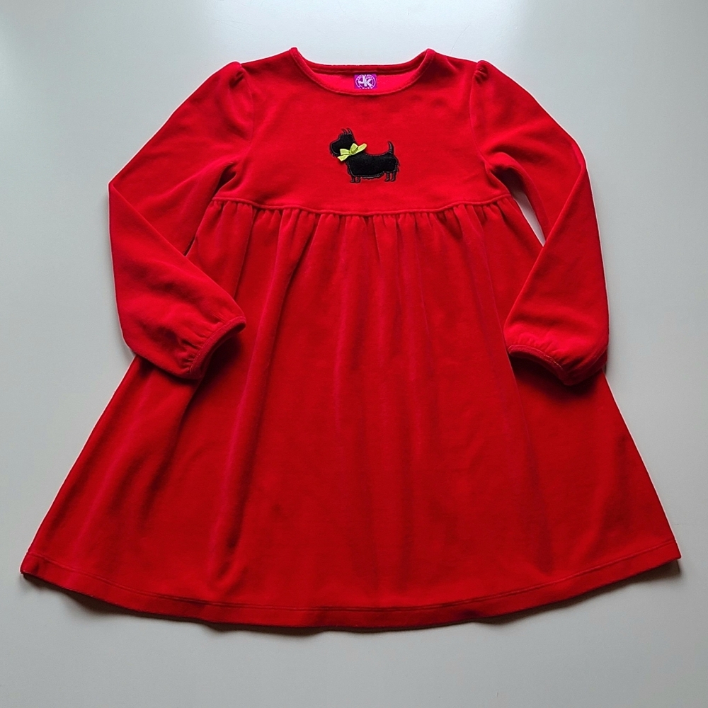 ❤️ ~Vintage~ Girls Size 5 Warm Red Cotton Velour Dress With Dog Winter Holiday